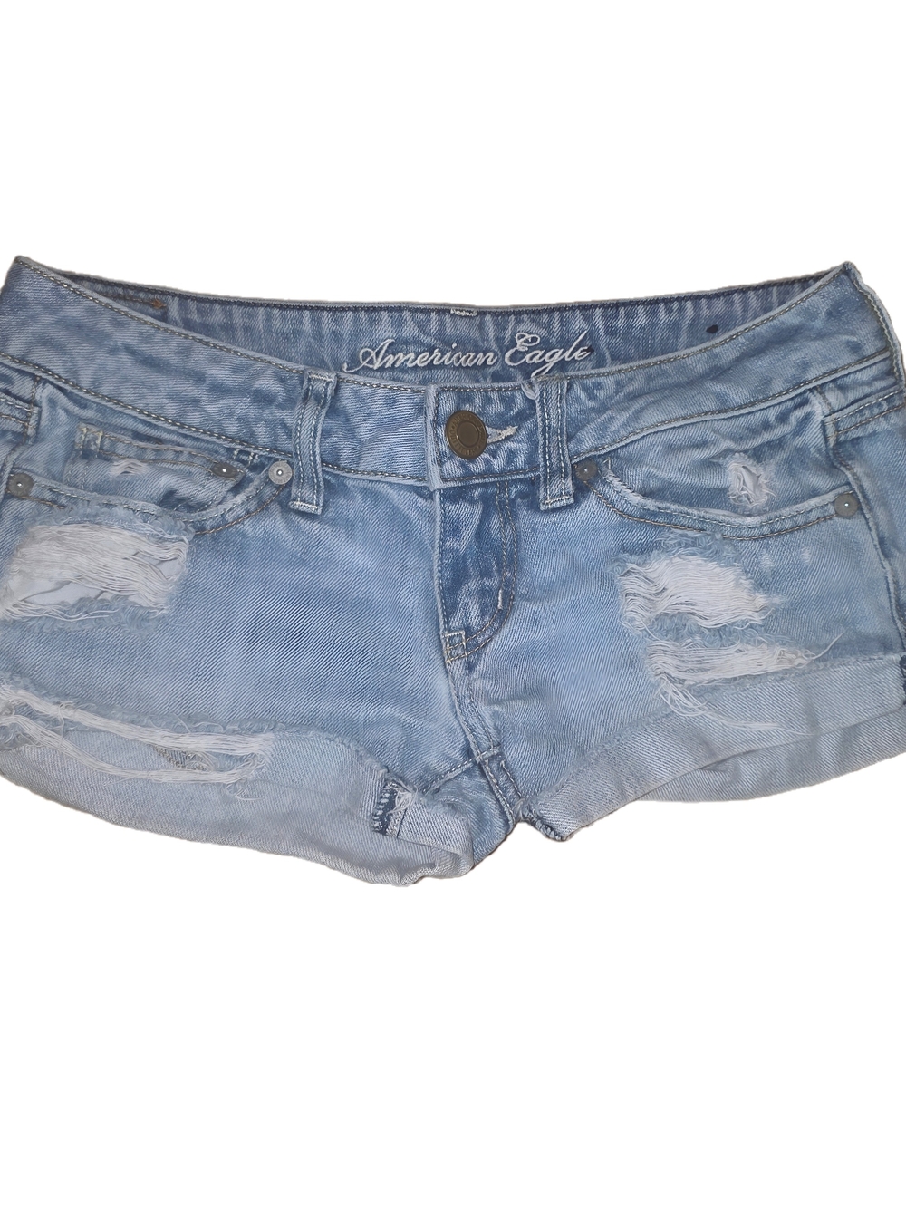 American Eagle Outfitters light washed distressed denim mini shorts size 0 Y2K